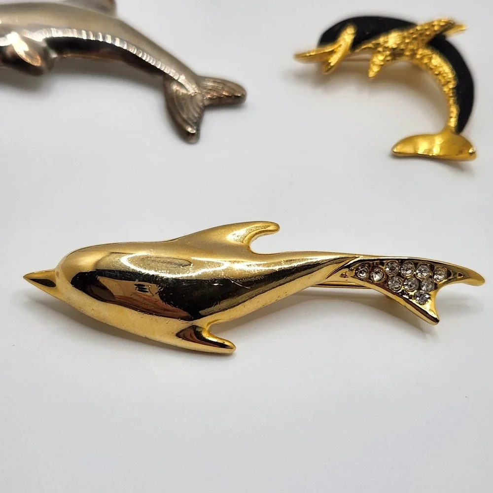 Vintage Dolphin Brooch Pin Set 3pc‎ Gold Silver Black Enamel Rhinestone Nautical